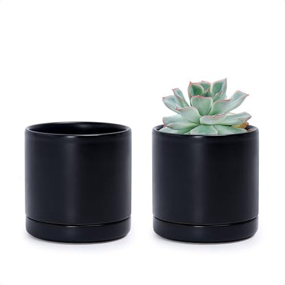 D'vine Dev 2-Pack Ceramic Pots with Saucers, Black, 3.5 in, 94-V-A-2 | Modern Cylinder Design, Glazed Ceramic, Drainage Hole & Saucer Included, High Temperature Fired, Elegant Home Accent - color: Black, size: 3.5 Inch