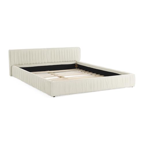 Queen Size Upholstered Bed Frame, Modern Grounded Bed with Solid Wood Slats, Pleated Headboard, Sturdy Construction, No Box Spring Needed, Grey (Beige, Queen) - color: Beige