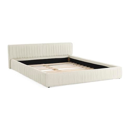 Queen Size Upholstered Bed Frame, Modern Grounded Bed with Solid Wood Slats, Pleated Headboard, Sturdy Construction, No Box Spring Needed, Grey (Beige, Queen) - color: Beige