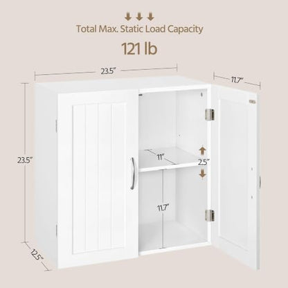 Yaheetech Wall Mounted Bathroom Storage Cabinet with Doors, Laundry, White | 3-Height Adjustable Inner Shelf, Beadboard Panels in Engineered Wood, Frees Up Floor Space over the Toilet or in Kitchens - style: 2 Doors