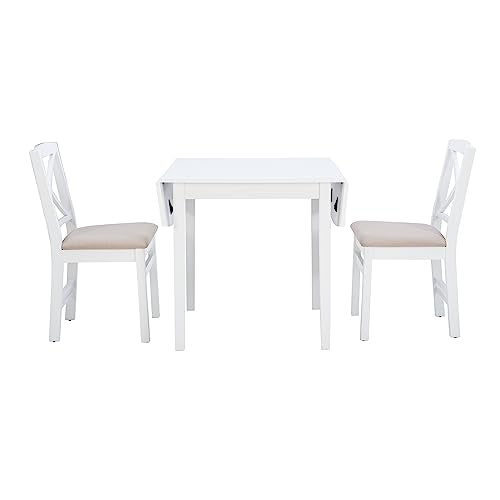 Torino Three Piece Drop Leaf Dining Set in White with Beige Upholstered Seats by Linon - color: White Set