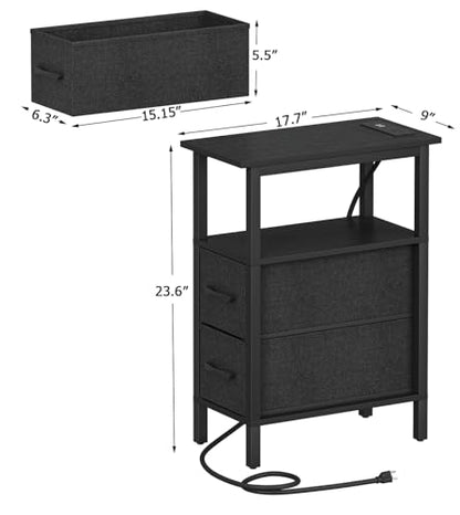 2 Set Narrow Side Table for Small Spaces, Skinny End Table with Charging Station, Sofa Beside Table with 2 Fabric Drawers and 1 Open Compartment, Slim Nightstand with USB Ports Outlet, Black UTBT004B2 - color: Black