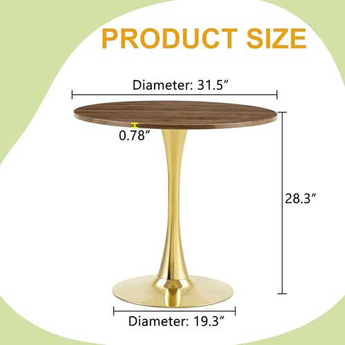 31.5" Round Dining Table, Mid-Century Modern Tulip Table with Thickened Tabletop & Metal Pedestal, Circle Bistro Table for Kitchen, Small Places, Apartments, Cafe - color: Walnut Gold, size: 31.5" dining table