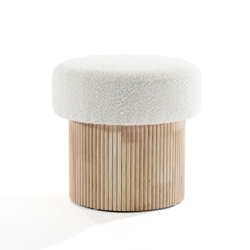 LuxenHome 15.5" Small Storage Ottoman with Padded Seat and Fluted Wood Base | Upholstered Footstool, Hidden Storage, Ivory Padded Seat, Fluted Wood Base, Vanity Stool, Small Footrest Stool