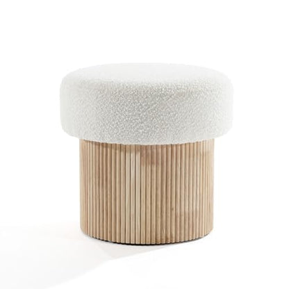 LuxenHome 15.5" Small Storage Ottoman with Padded Seat and Fluted Wood Base | Upholstered Footstool, Hidden Storage, Ivory Padded Seat, Fluted Wood Base, Vanity Stool, Small Footrest Stool