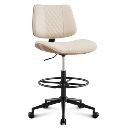 Drafting Chair with Adjustable Footrest, Rolling Walnut Stool, Beige | Armless Tall Swivel Stool for Standing Desk, PU Leather Curved Bentwood, Rolling for Office & Art Studio, 300LBS Capacity - color: Beige