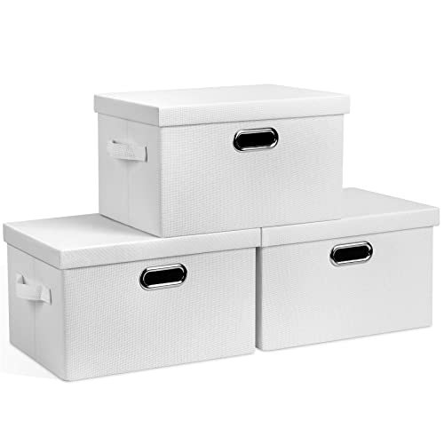 Graciadeco Medium 15" 21 Quart Collapsible Stackable Storage Bins with Lids, 3 Packs White Foldable Fabric Closet Boxes Heavy-duty Linen Cube Baskets Container for Bedroom Office (15 x 11 x 8) | 21 Quart 3 Pack White Collapsible Stackable Linen Fabric 4 H