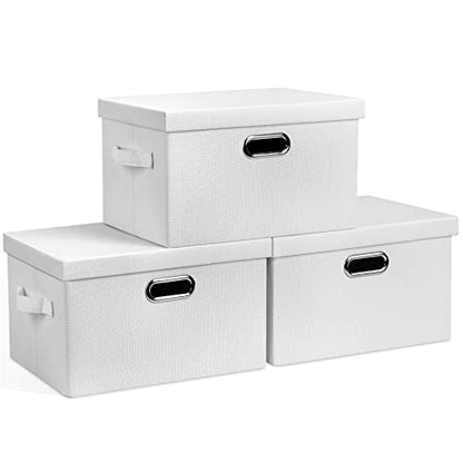 Graciadeco Medium 15" 21 Quart Collapsible Stackable Storage Bins with Lids, 3 Packs White Foldable Fabric Closet Boxes Heavy-duty Linen Cube Baskets Container for Bedroom Office (15 x 11 x 8) | 21 Quart 3 Pack White Collapsible Stackable Linen Fabric 4 H