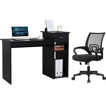 Yaheetech Black Computer Desk and Chair Set with Drawer, Shelves, Mesh Seat | Particle Board and MDF Build a Sturdy Desk with a Drawer and Elevated Platform, Paired with a Mesh Chair for Adults. - color: Black