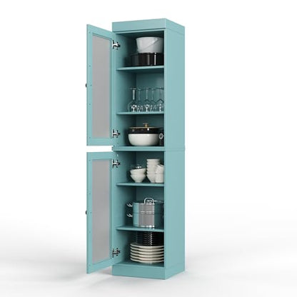 Solid Wood Kitchen Pantry Cabinet w/Frosted Glass Doors - Narrow Storage Cabinet - 16.5" Wide x 71.5" Tall - Aqua, Adjustable Shelves, 100% Eco-Friendly Wood, Modular Cabinets - color: Aqua, style: Frosted Glass Doors