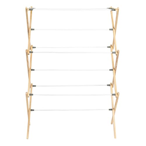Household Essentials X-Frame Clothes Drying Rack, Stabile Wood Frame with Slanted Feet, Smooth Vinyl Wrapped Rods, 23.8 Feet of Hanging Space, Ready to Assemble, Flat Top, Natural - color: Natural/White Pine