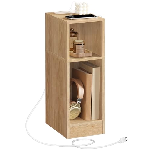 MAHANCRIS Narrow Nightstand, Narrow End Table with Charging Station, Skinny Bedside Table for Small Spaces, Mid Century Modern Night Stand for Bedroom, Living Room, Natural ETNA30E01 - color: Natural