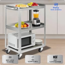 Hally Stainless Steel Utility Cart 3 Tier NSF Rolling Carts 24" Lx16 Wx34 H | Commercial Heavy Duty Metal Mobile Food Cart, with Handle and Wheels, for Kitchen, Restaurant, Hospital, Laboratory and Home - size: 16''x24''x34''