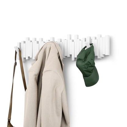 Umbra Sticks Wall Coat Rack, Wall Mount 8 Retractable Hooks, White | Modern sculptural look, holds five pounds each, fits entryways and bedrooms, easy to install, recycled plastic - color: White, size: 8-Hook