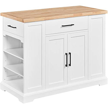 Yaheetech Rolling Kitchen Island Cart with 3 Drawers & Open Shelves, White | Mobile Kitchen Island with Storage on Wheels with Adjustable Shelves, Thick Rubberwood Top for Dining/Living Room/Kitchen Bar - color: White