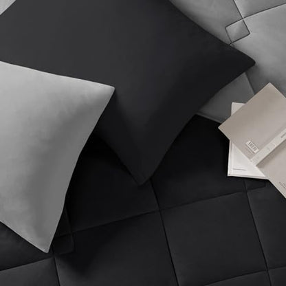 Comfort Spaces Vixie Reversible Comforter Set - Trendy Casual Geometric Quilted Cover, All Season Down Alternative Cozy Bedding, Matching Sham, Black/Gray, Twin/Twin XL 2 piece | Down Alternative, All Season, Bedding for Bedroom, Geometric Pattern, Revers