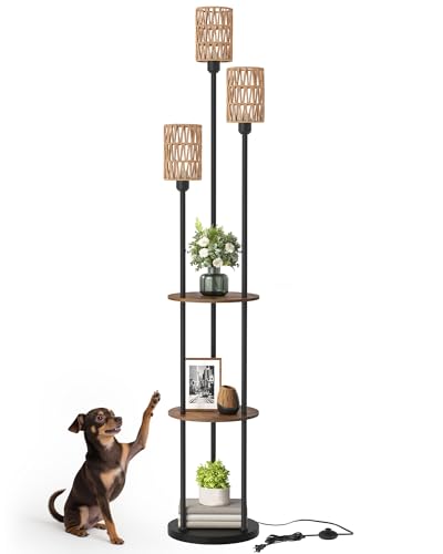 Floor Lamp with Shelves, Boho Floor Lamp with Foot Switch, 3-Light Standing Lamp, for Living Room, Bedroom, Study, Rustic Brown and Yellow YF53LD05 ﻿ - color: Rustic Brown+Rattan