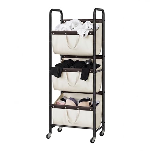 GRANNY SAYS 3 Tiered Laundry Sorter, Narrow Hamper Cart with Wheels | Sturdy 3 Section Laundry Basket with Wheels, Vertical Beige Hamper Cart for Bedroom, Bathroom, Apartment - color: Beige