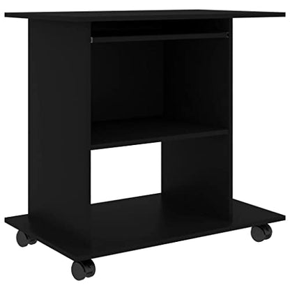 Mobile Computer Desk with Shelf, Matte Black Engineered Wood | Features rollable wheels and a compact rectangular design, ideal for home offices, apartments, and small spaces. - color: Black, size: Compact