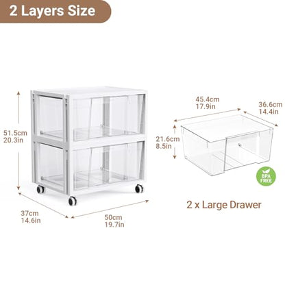 Stackable Storage Drawer Carts, Extra Large Bins 2 Tier 2 Drawers | Smooth Pull-Out Drawers, Clear Plastic Storage Organizer Container For Home Office Bedroom Bathroom Art Crafts Under Desk - size: 2 Tier 2 Drawer