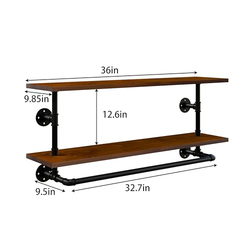Clothes Rack 36in, Wall Mounted Garment Rack with Real Walnut Wood Shelf, Heavy Duty Hanging Clothes Rack, Multi-Purpose Hanging Rod, Space-Saving Closet Storage - color: Walnut, size: 2T36IN