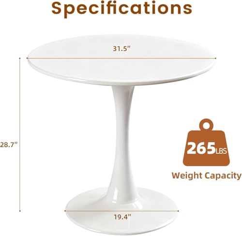 Tulip Table, 31.5" Round Dining Table with Thickened Tabletop & Metal Pedestal, Circle Bistro Table for Kitchen, Small Places, Living Room, Cafe (White) - color: White