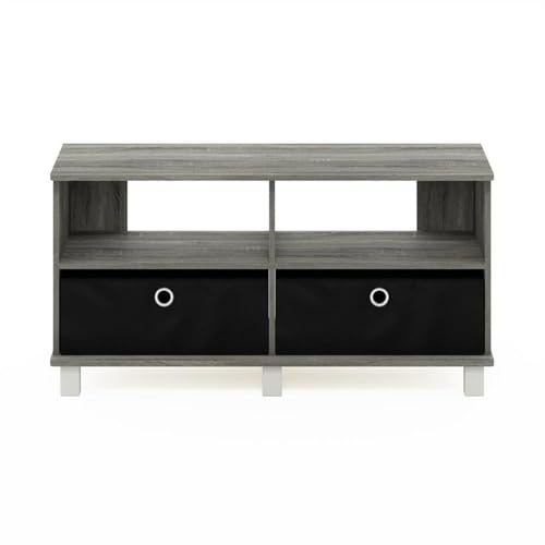 Furinno Andrey Entertainment Center with Bin Drawers, French Oak Grey/Black | Open Shelf TV Console for TV up to 46 Inch with Bin Drawers, for Living Room, Bedroom