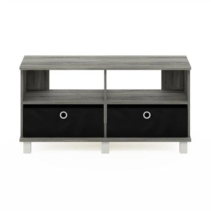 Furinno Andrey Entertainment Center with Bin Drawers, French Oak Grey/Black | Open Shelf TV Console for TV up to 46 Inch with Bin Drawers, for Living Room, Bedroom