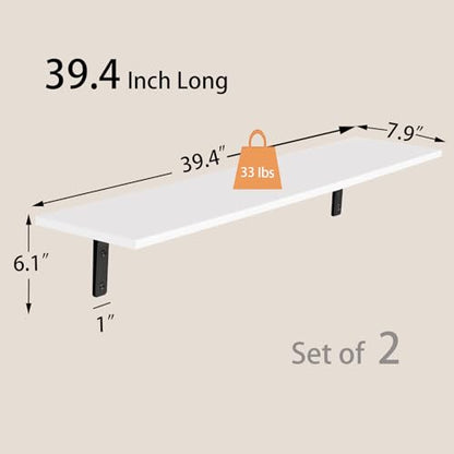 Long Wall Shelves, 39.4Inch Wooden Wall Mounted Shelves, Set of 2 | Large Floating Book Shelf, Metal Bracket, Easy Assembly, Max Load 33lbs, Wall Storage Ledges, Bedroom/Bathroom/Kitchen, White - color: White, size: 39.4 Inch