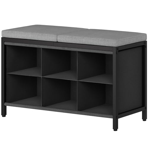 Shoe Storage Bench with Cushion, Entryway Bench, Shoe Rack with Padded Seat and 6 Oxford Compartments, for Closet, Bedroom, Entryway, Black and Gray HX01BK