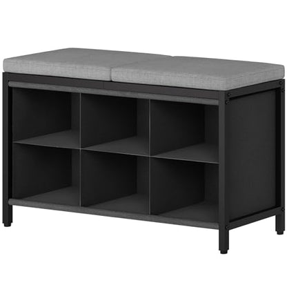 Shoe Storage Bench with Cushion, Entryway Bench, Shoe Rack with Padded Seat and 6 Oxford Compartments, for Closet, Bedroom, Entryway, Black and Gray HX01BK