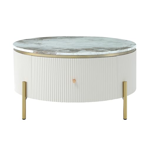JUSTONE Modern Round White & Gold Coffee Table with Drawers,Drum Coffee Table with Golden Legs Circular Center Table with Marble Pattern Top for Living Room Apartment Office-White - color: 31.5'' - Off White