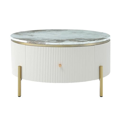 JUSTONE Modern Round White & Gold Coffee Table with Drawers,Drum Coffee Table with Golden Legs Circular Center Table with Marble Pattern Top for Living Room Apartment Office-White - color: 31.5'' - Off White