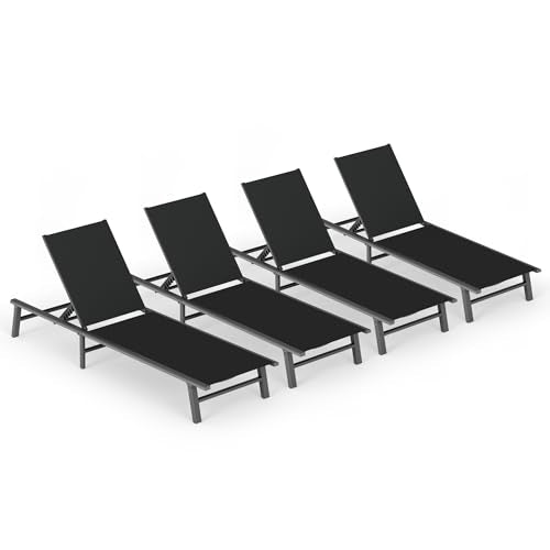 Foldable Outdoor Lounge Chair Set of 4, No Assembly Aluminum Chaise Lounge Outdoor with 5-Positions, Aluminum Pool Lounge Chairs with Portable Design for Poolside, Beach, Deck, Patio, Black - color: Black-upgraded, size: 4 Packs