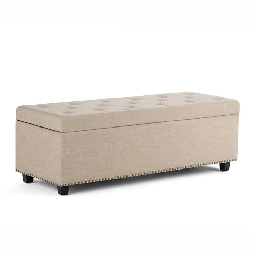 SIMPLIHOME Kingsley 48" Wide Linen Look Fabric Storage Ottoman in Brown | Transitional ottoman with tufting and lift-up lid; rectangle storage bench for living room or entryway. - color: Natural, size: 48 inch