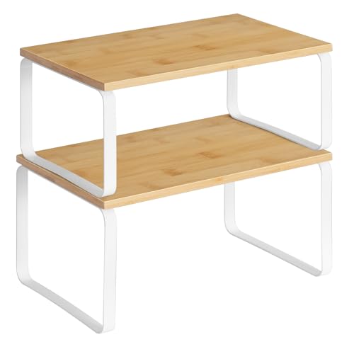 HOOBRO Cabinet Organizer Shelf, Set of 2 Kitchen Counter Shelves, Expandable Kitchen Storage, Stackable Bamboo Spice Rack, for Kitchen, Countertop, Office Desk, Bathroom, Natural and White YW30TL01 - color: Natural, White
