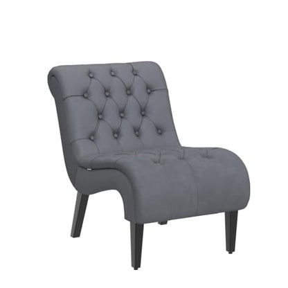 Comfy Velvet Accent Chair, Tufted Armless Side Chair with Rolled Edge | Modern Small Lounger for Living Room, Upholstered Reading Chaise Lounge with Solid Rubber Wood Legs, Silver - color: Silver, size: Set of 1