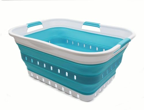 SAMMART 42L Collapsible Plastic Laundry Basket - Foldable Pop Up Storage Container/Organizer - Space Saving Hamper/Basket (1, White/Bright Blue) - color: White/Bright Blue