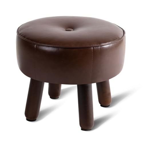 Small 13" Foot Stool Ottoman, Round Pouf Foot Rest, Faux Leather Footstool | Small Foot Stool with Rubber Legs Under Desk, Footrest for Couch, Living Room Bedroom Office, 13''L x 13''W x 10.2''H, Coffee - color: Coffee