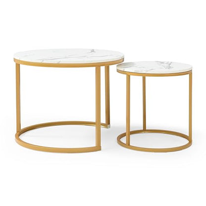 24" Marble Pattern Accent Side Table, Modern Nesting Side Tables with Metal Frame, Space-Saving Nesting Coffee Table Set for Living Room Apartment, White+Gray - color: White+gray