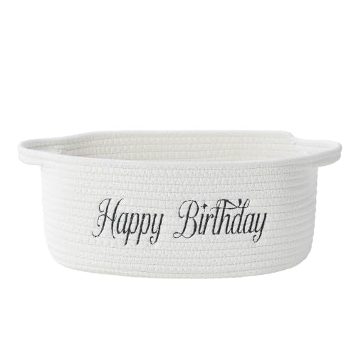 Gift Basket Empty small woven cute Rope for Mom Shower Birthdays wedding | baby basket- Gifts for Mom Shower Birthdays wedding wicker Cotton Storage Basket for Dog Toys Shelf Easter Basket - color: White-Happy Birthday