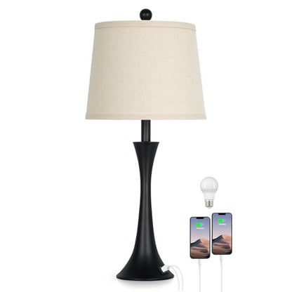 27.5" Black table Lamps for Living Room, Touch Control 3-Way Dimmable Bedside Nightstand Lamps Bedroom Lamp,Modern Black Table Lamp with USB A+C Ports,Tall Lamps for Living Room End Table（1Pack） - color: Black (1 Pack)