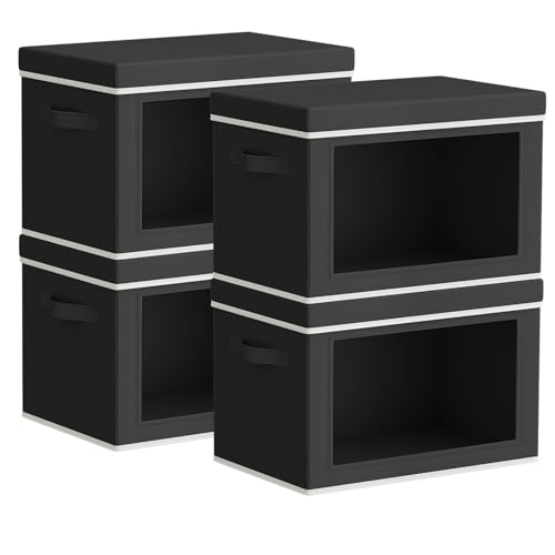 Storage Bins with Lids - Small Fabric Organizers with Window, Collapsible Storage Bins for Clothes, Decorative Closet Organizers for Towels, Tshirt, 4 Pack, Black - color: Black, size: S(4-Pack)