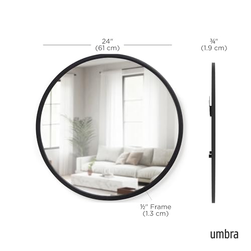 Umbra Hub Round Wall Mirror, Rubber Frame Bathroom Mirror, 24-Inch, Black