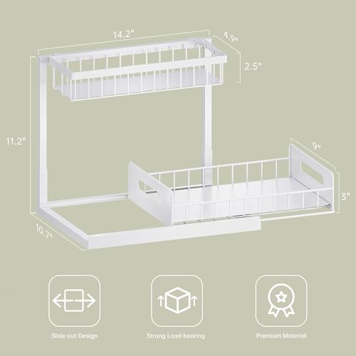 Under Kitchen Sink Organizer 2 Tier, Pull Out Bathroom Sink Organizers and Storage, Cabinet Kitchen Bathroom Storage Organization Shelf, 2 Pack White