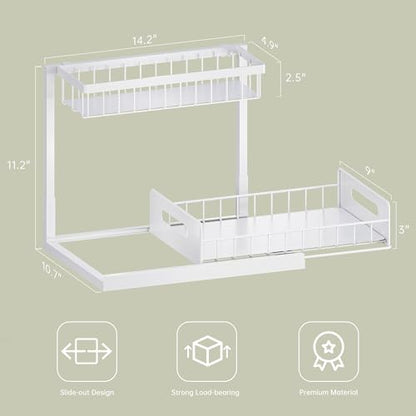 Under Kitchen Sink Organizer 2 Tier, Pull Out Bathroom Sink Organizers and Storage, Cabinet Kitchen Bathroom Storage Organization Shelf, 2 Pack White