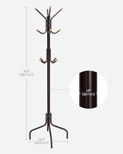 SONGMICS Coat Rack Freestanding, Metal Coat Rack Stand with 12 Hooks and 4 Legs, Holds Clothes, Hats, and Bags, for Entryway, Living Room, Bedroom, Brown URCR031Z01 | Coat Tree, Holds Clothes, Hats, and Bags, for Entryway, Living Room, Bedroom, Walnut Bro