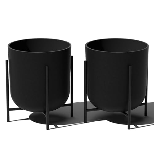 Veradek Mason Series Raised Lima Planter - Round Planter with Stand | Made From a Durable Plastic-Stone Composite & Comes With Metal Stand. Modern Porch/Patio Décor - color: Black, size: 15 inch - 2 Pack