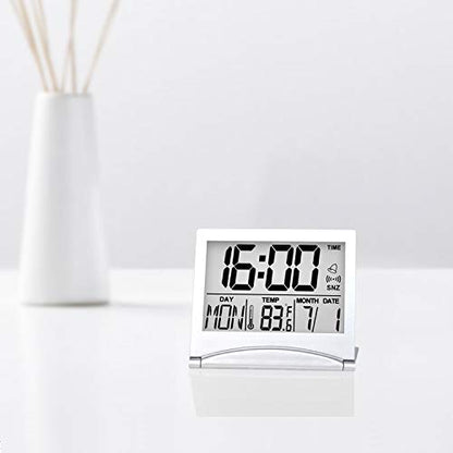 Betus Digital Travel Alarm Clock - Foldable Calendar Temperature Timer LCD Clock with Snooze Mode - Large Number Display, Battery Operated - Compact Desk Clock(Silver, No Backlight) - color: Silver