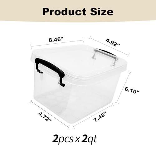 2 Pack 2 QT Plastic Storage Bins with Lids | Clear Stackable Bins with Secure Latches and Handles Heavy-Duty Storage Containers For Home Office and Garage Organization - size: 2 Qt